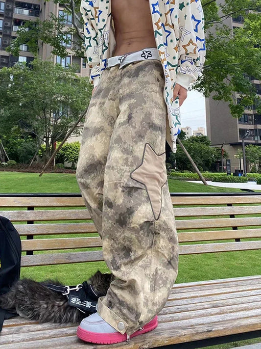 saferido Camouflage Cargo Pants Men Baggy Camo Trousers Male Y2K Star Oversize Loose Casual Vintage Streetwear Hip Hop 4XL