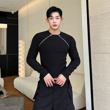 saferido Men's Slim Long Sleeve T-shirts 2024 Autumn New Niche Design Dark Zipper Split Versatile Tops Korean Style Clothing