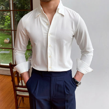 saferido British Style Casual All-match Solid Color Summer Shirt Trendy Denim Blue Business Formal Dress Shirt Long Sleeve Shirt Men