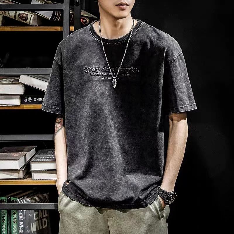 Spring Summer Thin Street Casual Vintage Korean Loose T-Shirts Pullovers Man Solid Color Handsome Round Neck Men's Clothing
