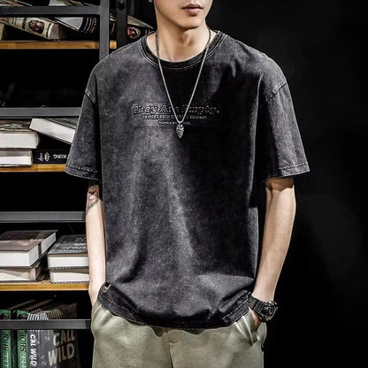 Spring Summer Thin Street Casual Vintage Korean Loose T-Shirts Pullovers Man Solid Color Handsome Round Neck Men's Clothing