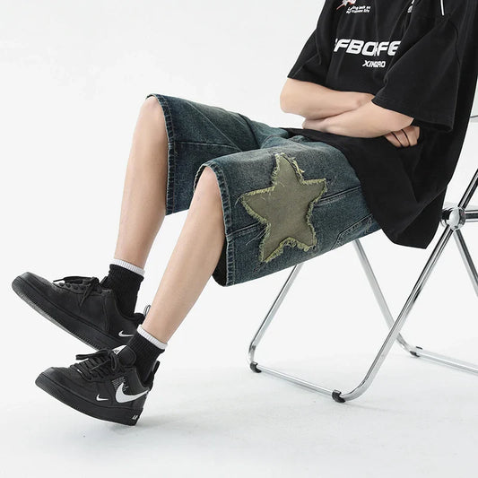 saferido American Style High Street Patch Pentagram Embroidered Patchwork Worn Shorts Y2k Hip-hop Blue Denim Shorts