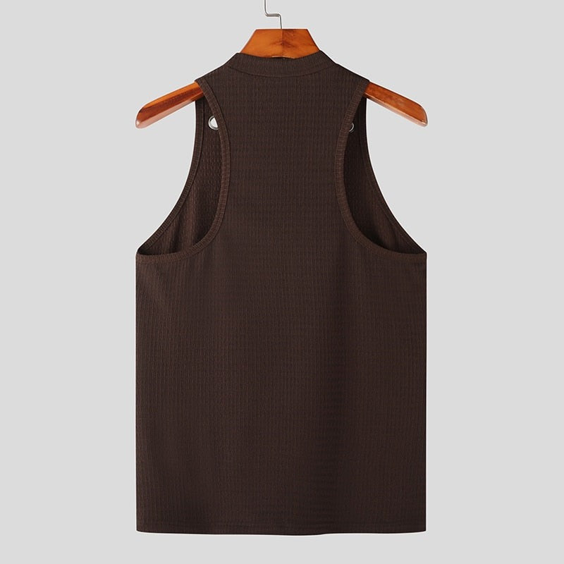 Men Tank Tops Hollow Out Solid Turtleneck Sleeveless Fashion Male Vests Streetwear Summer Casual Men Clothing S-5XL INCERUN