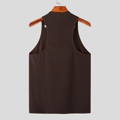 Men Tank Tops Hollow Out Solid Turtleneck Sleeveless Fashion Male Vests Streetwear Summer Casual Men Clothing S-5XL INCERUN