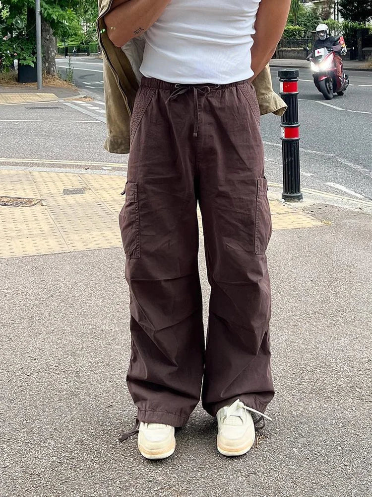 Y2K Cargo Pants Men Fashion Multi Colors Elastic Waist Drawstring Wide Leg Baggy Thin Parachute Trousers Streetwear New Trendy