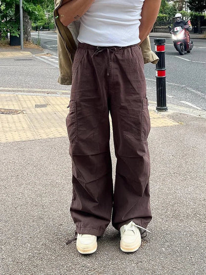 Y2K Cargo Pants Men Fashion Multi Colors Elastic Waist Drawstring Wide Leg Baggy Thin Parachute Trousers Streetwear New Trendy