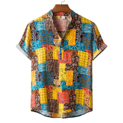Summer New Short Sleeve Floral Hawaiian Shirt Men Half Placket Collar Beach Shirt Men Casual Holiday Vacation Clothing 3XL