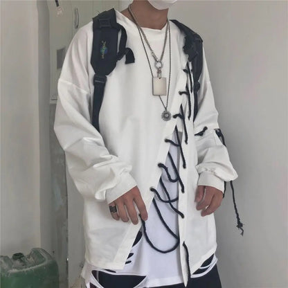 saferido 2024 New Mans Japanese Fashion Men's Street Style Lace Hoodie Punk Loose Fit Pullover Designer Colorful Hip Hop Sweatshirts