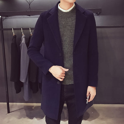 Men Long Cotton Coat Autumn Winter New Wool Blend Pure Color Casual Business Fashion Slim Windbreaker Jacket Men Clothing