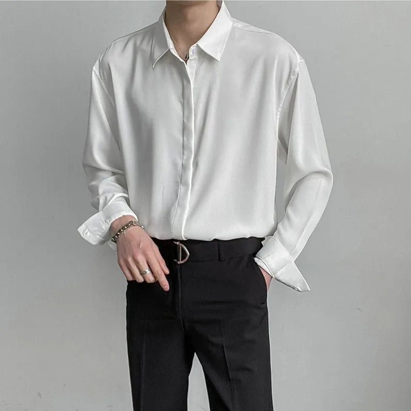 Luxury Spring Clothing Men's Casual Turn Down Collar Texture Shirts Vintage Buttons Solid Color Long Sleeve Leisure Clothes