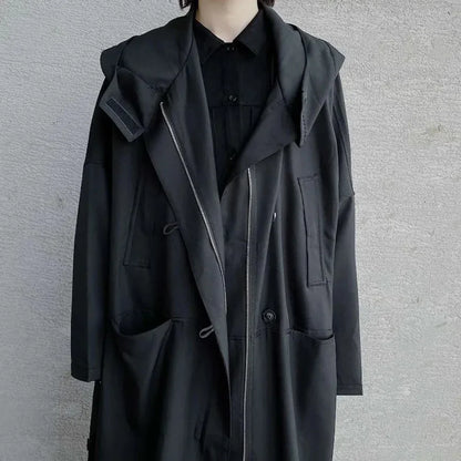 saferido Dark British Style Long Hooded Zipper Windbreaker Streetwear Personality Temperament Versatile Oversized Coat 2024 Autumn Unisex