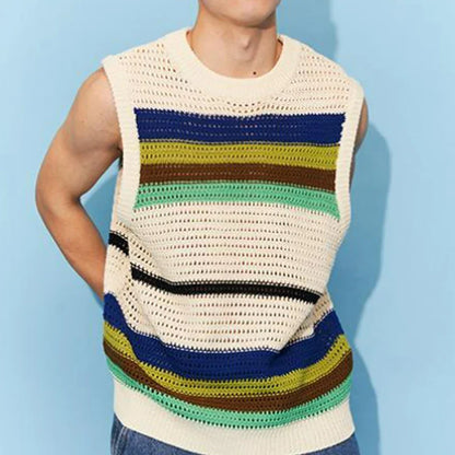 Men's Clothing Loose Pullovers Round Neck Simplicity Handsome Hollow Out Solid Color Patchwork Fashionable Casual Sweater