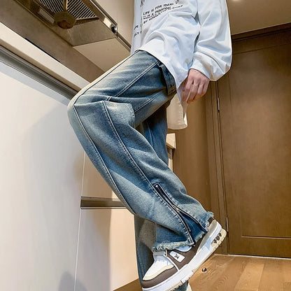 Spring New Fashion Side Zipper Casual Jean Pants Men High Street Loose Straight Pant Mens Vintage All-match Trousers