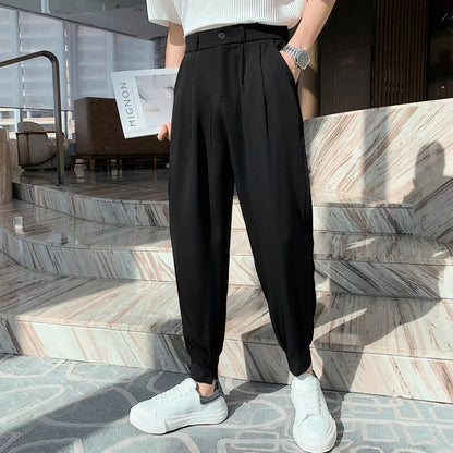 New Fashion Spring Summer Pants Men Tapered Bottom Slit Trousers Korean Style White Khaki Black Elastic Waist Casual Pants Man