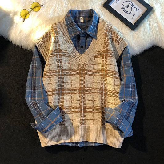 saferido Men's Knitted Sweater Vest Spring Autumn Casual Vest Korean Fashion Plaid Sleeveless Tops Knit Bottoming Shirt Male Clothes