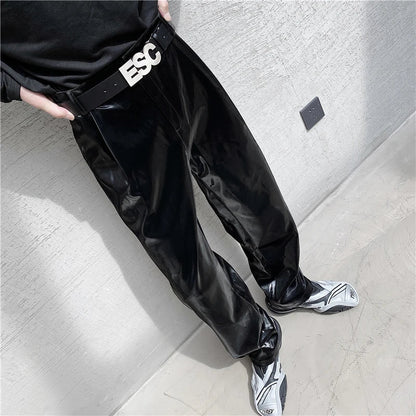 saferido  British Style Net Trend Personality Streetwear Bright PU Leather Trousers Side Tight Waist Loose Casual Pants Men's S-2XL