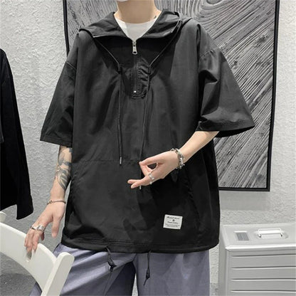 saferido Men's Summer Hoodies Casual T-shirt Solid Color Harajuku Style Hooded Tshirts Male Loose Pullovers