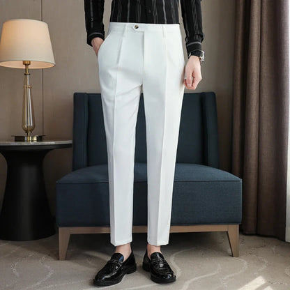 saferido British Style Men High Waist Dress Pants Autumn Solid Color Casual Trousers Slim Fit Formal Suit Pants Fashion Men Clothing 38