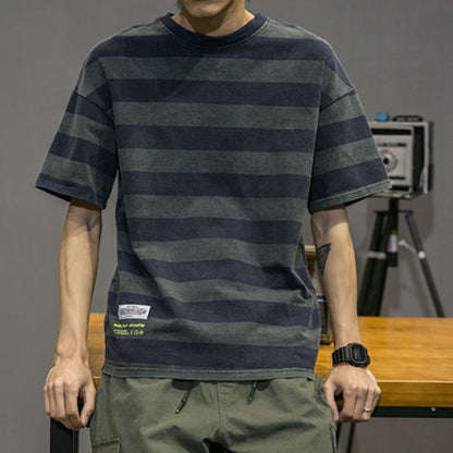 Men's Clothing Round Neck Short Sleeve Korean Version Youth Trend Striped Printed Fashion Casual Cotton Loose T-shirt
