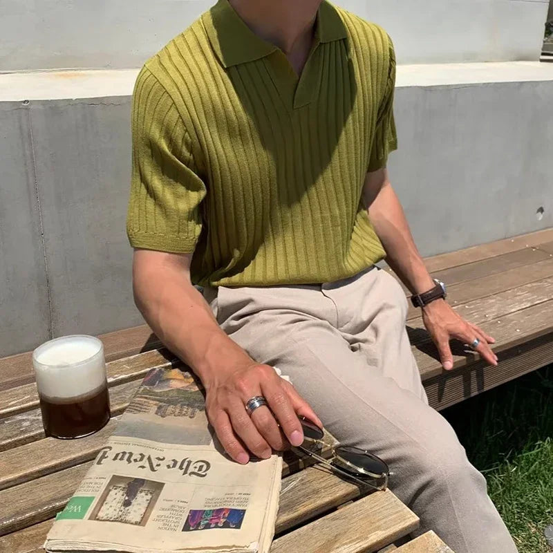 Fashion Solid Color Ribbed Knit Polo Shirt Men Slim Fit half Sleeve Tops Tee  Summer Temperament Youth Polos Tshirts Clothing