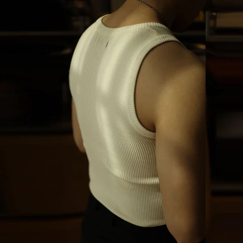 Casual Solid Knitted Tank Top Men Summer Fashion Ribbed Vest Mens Slim Fit Crew Neck Sleeveless Tops Man Clothes  Streetwear