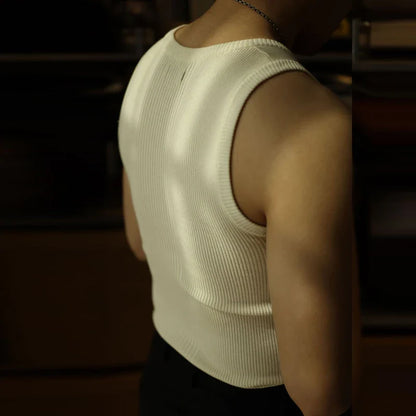 Casual Solid Knitted Tank Top Men Summer Fashion Ribbed Vest Mens Slim Fit Crew Neck Sleeveless Tops Man Clothes  Streetwear