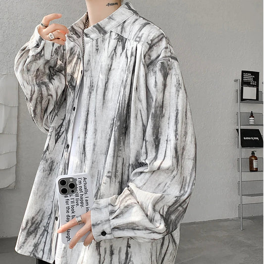 saferido Stand Collar Tie-dye Shirt Men Handsome Long Sleeve Men's Clothing Spring Autumn Korean Loose Streetwear Casual Shirts