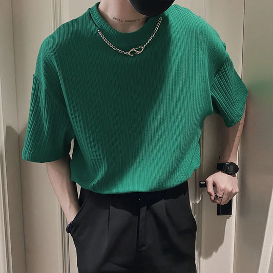 saferido Korean Style Summer Men's Silk Fabric Social T Shirts Removable Necklace Short Sleeve T-shirt Hip Hop Style Top Tshirts