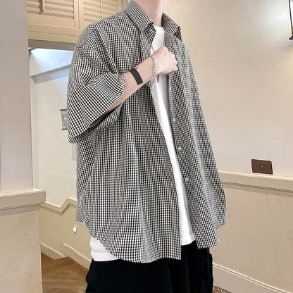 saferido HIP HOP Streetwear Casual Plaid Shirt Men'S Half Sleeve High Quality Loose Spring Summer Fashion Chemise Homme