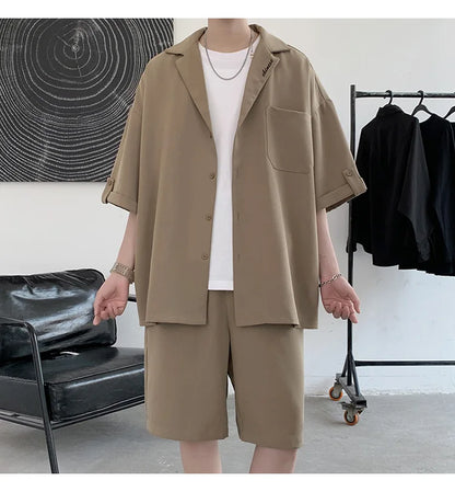 Men's Sets Summer Handsome Notched Collar Half Length Sleeve Shirts Knee  Solid Elastic Waist Shorts Korean Style Fashion