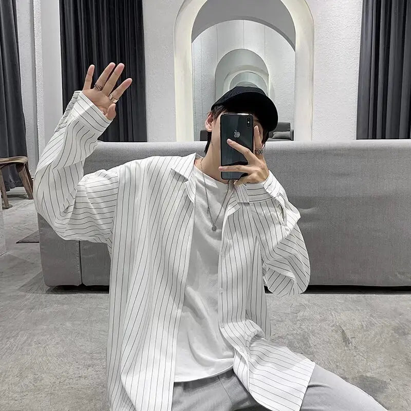 saferido Male Korean Long Sleeve Striped Shirts Men's Single-breasted Dress Shirt Business Office Casual Shirt Slim Fit Streetwear Homme