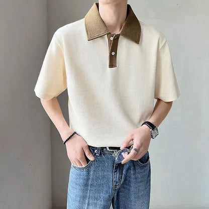 New High-end Korean Fashion Polo Shirts for Men Patchwork Waffle Lapel Buttons Short Sleeve T-shirt Men Summer Loose Polo Shirt