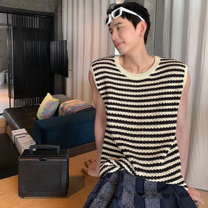 saferido Knitted Sweaters for Men Mesh Vest Sleeveless Man Clothes Black Striped Waistcoat Spring Autumn Designer Luxury 90s Vintage Y2k