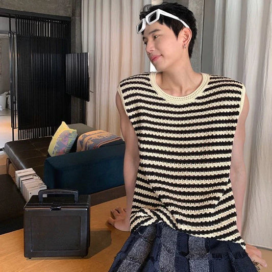 saferido Knitted Sweaters for Men Mesh Vest Sleeveless Man Clothes Black Striped Waistcoat Spring Autumn Designer Luxury 90s Vintage Y2k