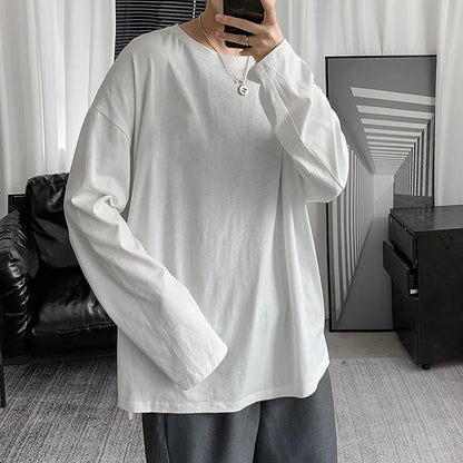 saferido Spring Multicolor Cotton T-shirt Men Fashion Solid Color Casual O-neck T Shirt Men Korean Loose Long-sleeved T-shirt Mens Tops
