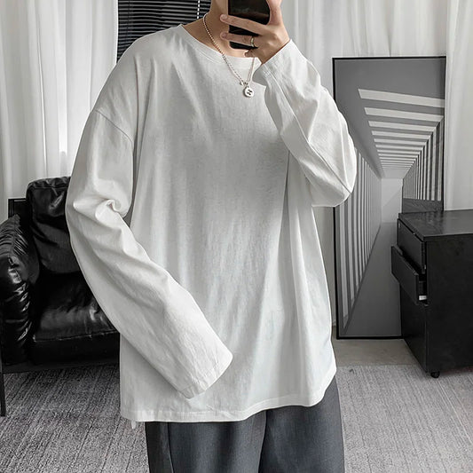 saferido Spring Multicolor Cotton T-shirt Men Fashion Solid Color Casual O-neck T Shirt Men Korean Loose Long-sleeved T-shirt Mens Tops
