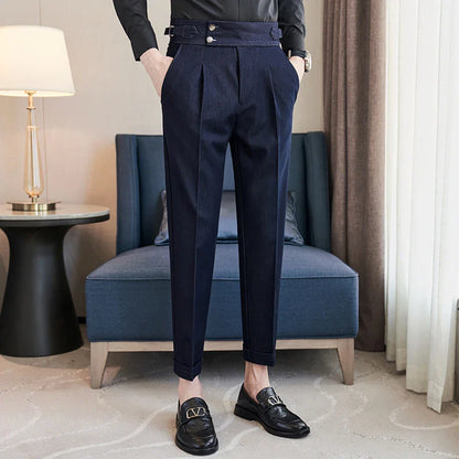 saferido Men Spring Summer Belt Decoration Casual Ankle Length Pants Fashion Slim Fit Suit Pants Streetwear Social Business Trousers