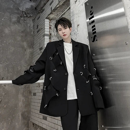 saferido Korean Street clothing fashion Spring Men's Irregular Hole Suit Dark Black Male Blazers Korean Fashion Lapel Outwear