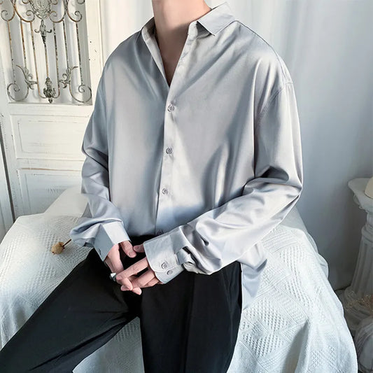 saferido Men's Shirt Casual Long-sleeved Blouses Spring Autumn Korean Style Vintage Cardigan Top Solid Color Oversized Loose Male Clothes