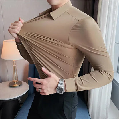 saferido  Men Spring High Quality Business Dress Shirts/Male Slim Fit High Elastic Force Long Sleeve Shirts Size S-4XL