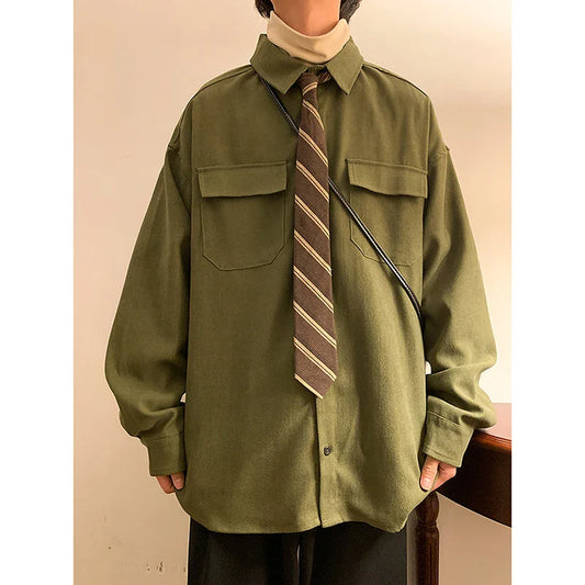 saferido Spring Cotton Long Sleeved Shirt Men Fashion Retro Pocket Men Japanese Streetwear Loose Casual Shirt Mens Vintage Shirts
