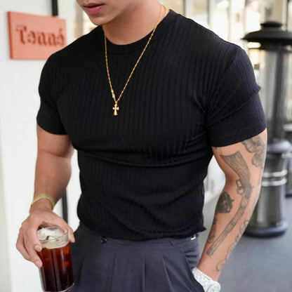 Fashion Solid Color Ribbed Slim T Shirts Men's Streetwear Classic Simple Crew Neck Short Sleeve Tees Summer Leisure Men Clothes