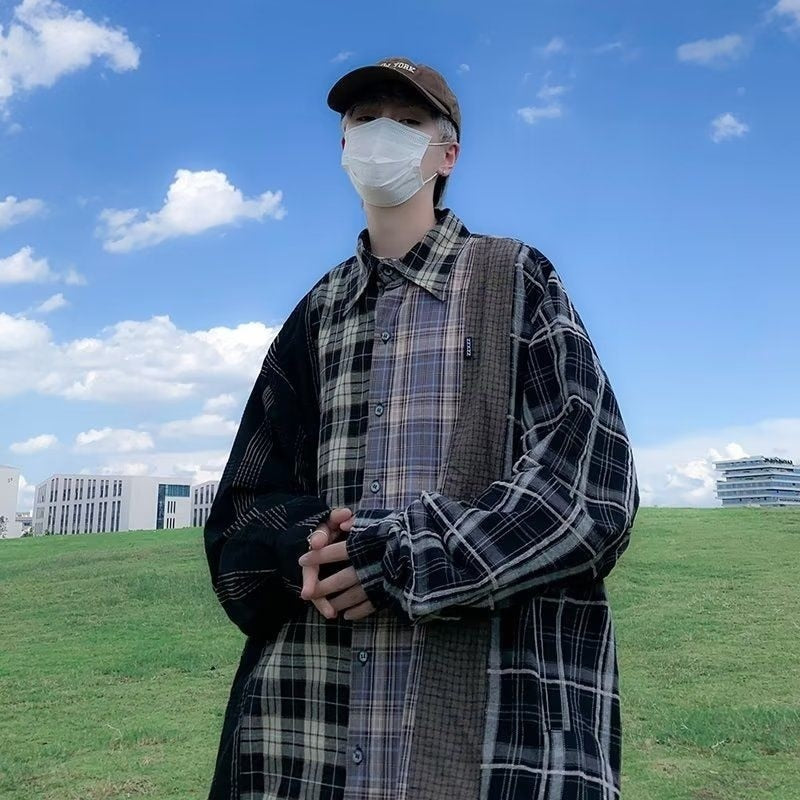 Men's Plaid Patchwork Casual Shirts Oversized Fashion Cardigan Harajuku Hip Hop Streetwear Autumn Male Blouses Y2K Clothes