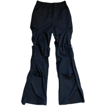 High Street Pleated Overalls Men's Pants Fashion Loose Straight Button Casual Male Trousers Solid Color Darkwear