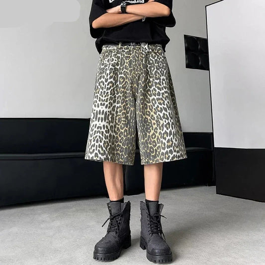 Leopard Print Design Personality Trendy Seven-point Pants Korean Original New Men Fashion Street Men's Shorts LZ3181