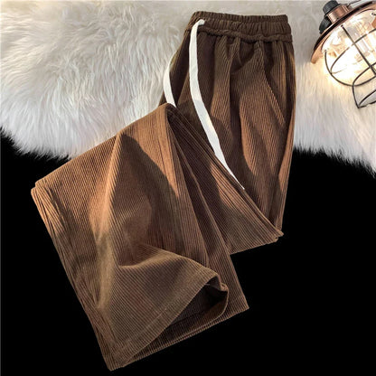 Spring Men's Corduroy Casual Pants Baggy Straight Black Elastic Waist Korean Fashion Streetwear Ankle Wide Leg Sweatpants