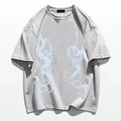 saferido Men's Casual T-Shirt Fashionable Trendy Hip-Hop High Street Y2k Retro Snake Pattern Loose Cotton Top 2024 Spring And Summer