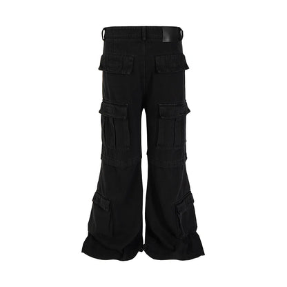 saferido High Street Multi-pockets Washed Black Cargo Pants Mens Straight Pleated Casual Baggy Overalls Oversized Loose Casual Trousers