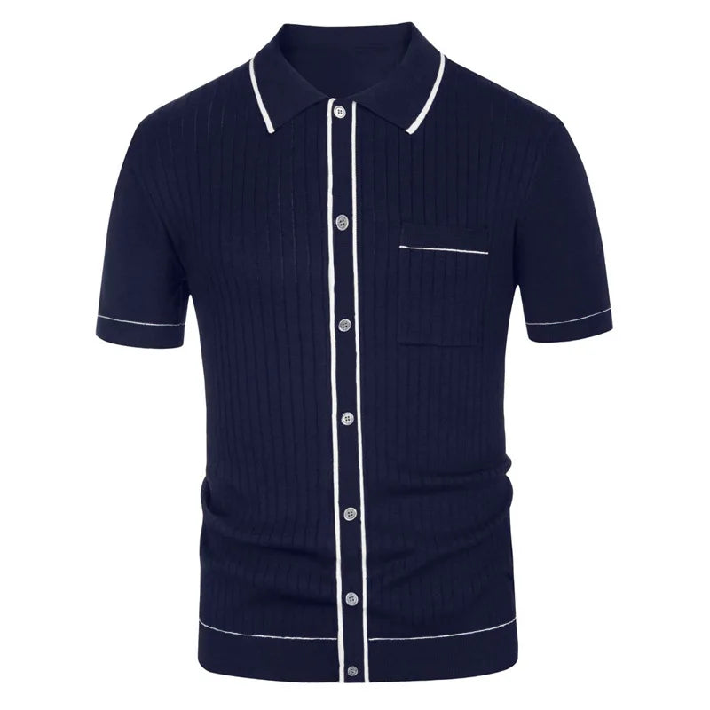 Men's Clothing Luxury Knitted Polo Shirt Casual Striped Button Down Solid Color Short Sleeve T-Shirt for Men Breathable M-3XL