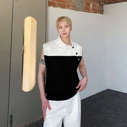 saferido Korea Fashion Streetwear Spring Diagonal Lapel Tank Tops Contrasting Color Men's Women’s Sleeveless Sweater tank top men
